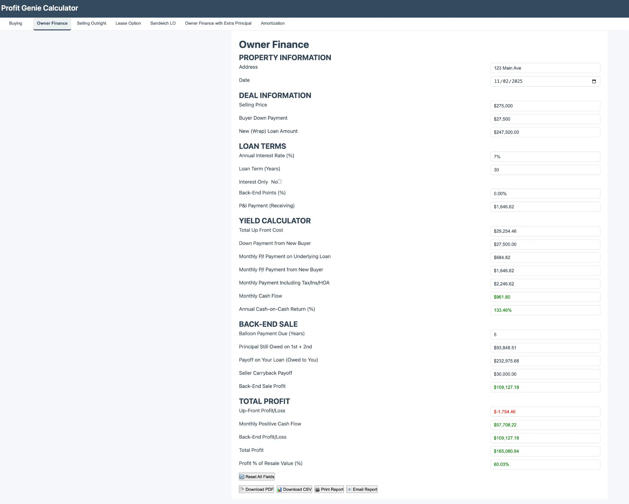 Owner Finance Calculator Results